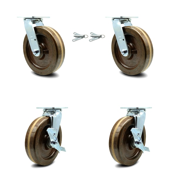8 Inch High Temp Phenolic Caster Set with Roller Bearings 2 Swivel Lock 2 Brake